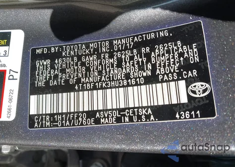 2017 Toyota Camry Se из США, поврежденный, VIN 4T1BF1FK3HU381610